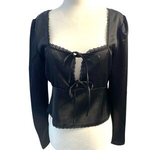 House of Harlow 1960 Black Lace Trim Blouse Long Sleeve Front Tie Sz Small NWT